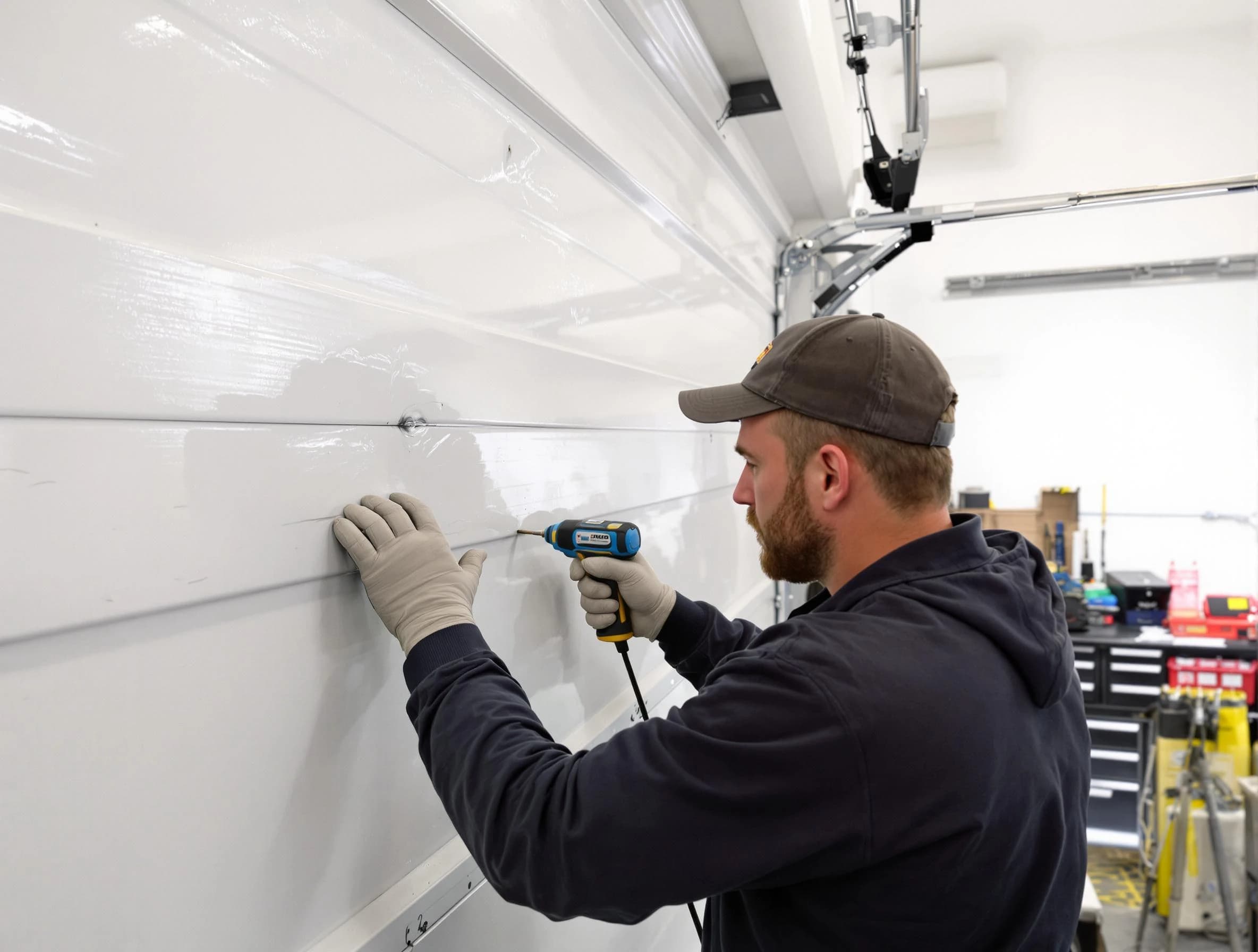 Scottsdale Garage Door Repair technician demonstrating precision dent removal techniques on a Scottsdale garage door